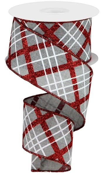 2.5-inch wide grey polyester ribbon featuring a red glitter plaid pattern with white grid lines.