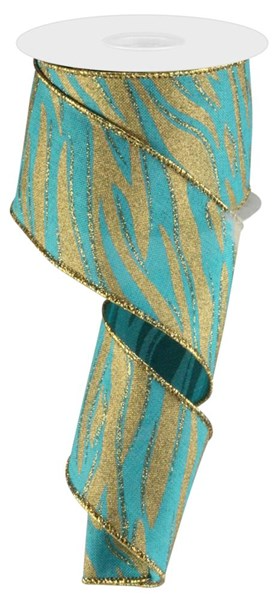 Teal and gold glitter leopard print ribbon on a spool, 2.5 inches wide.