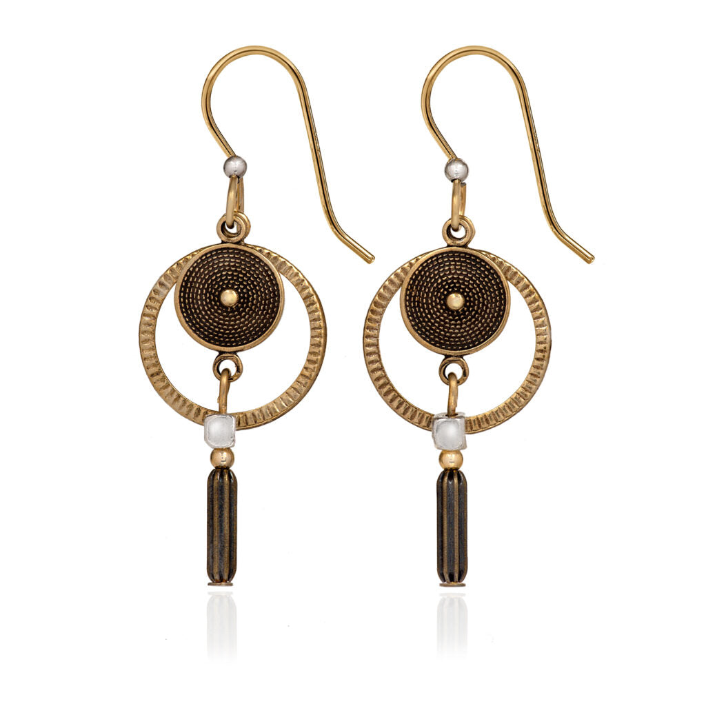 Techno Look & Bullet drop earrings with gold-toned circular discs and fluted bullet-shaped charms.