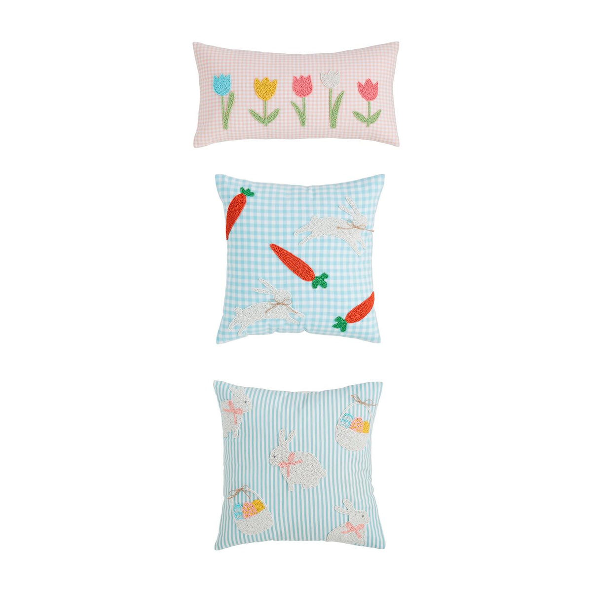 Cotton gingham pillow with bead appliques on a canvas backing.