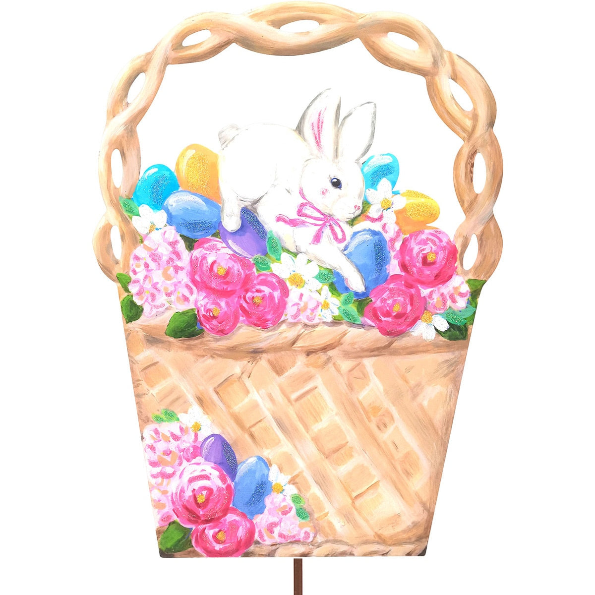 Easter basket with roses and bunnies in pastel colors designed as an easel.