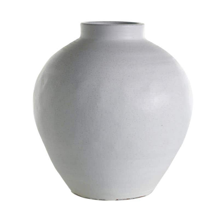 Ceramic Santorini vase with white glaze featuring blue geometric patterns in a classic silhouette.