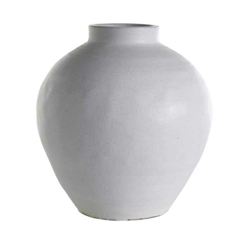 Ceramic Santorini vase with white glaze featuring blue geometric patterns in a classic silhouette.
