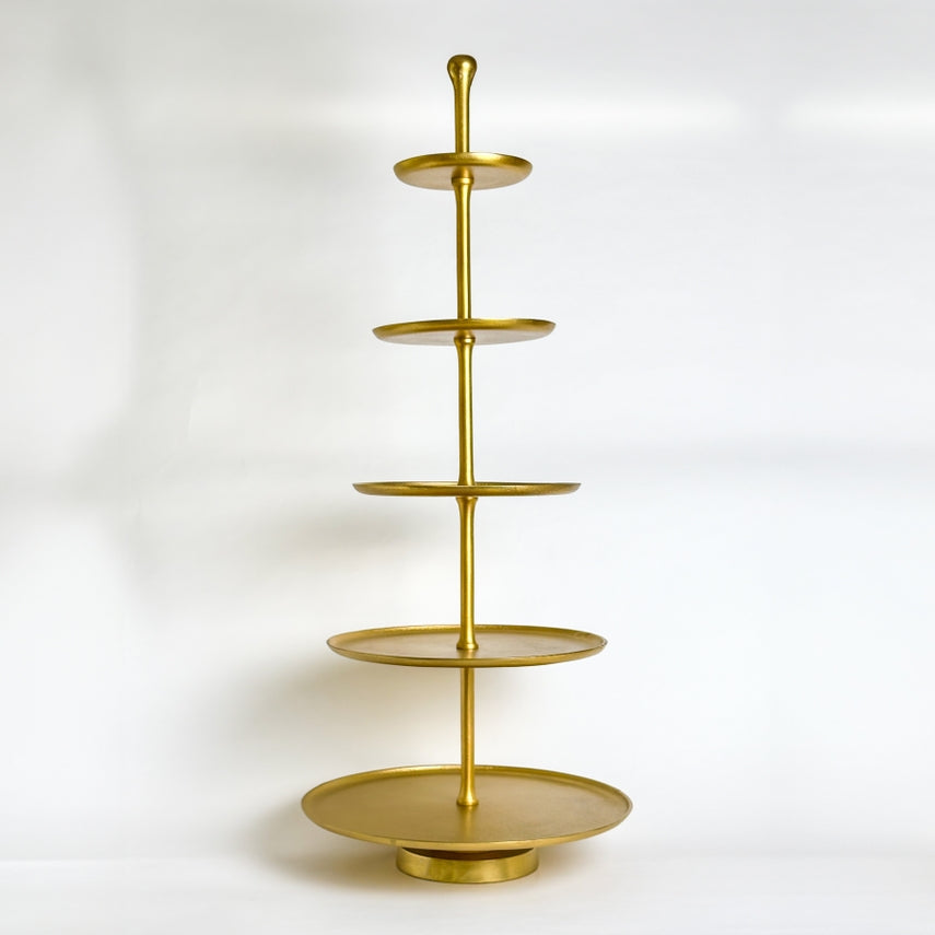 Gold 5-tier stand with circular trays of varying sizes on a central pillar and base.