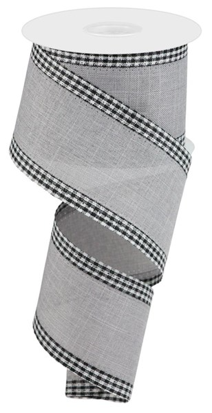 2.5-inch wide grey polyester ribbon with a black and white gingham check pattern on the edges.