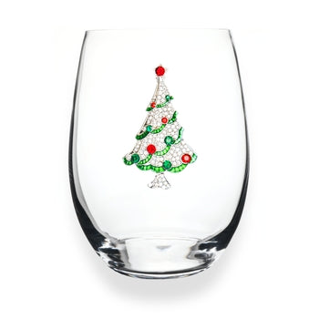 Handcrafted stemless wine glass with jeweled embellishments around the rim in clear crystal.
