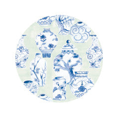 Round paper plate featuring a blue and white ginger jar and vase pattern on a light green background.