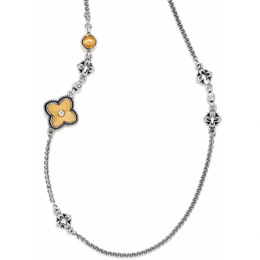 Reversible silver-plated cathedral long necklace with brushed gold finish featuring crystal accents and glass pearl.