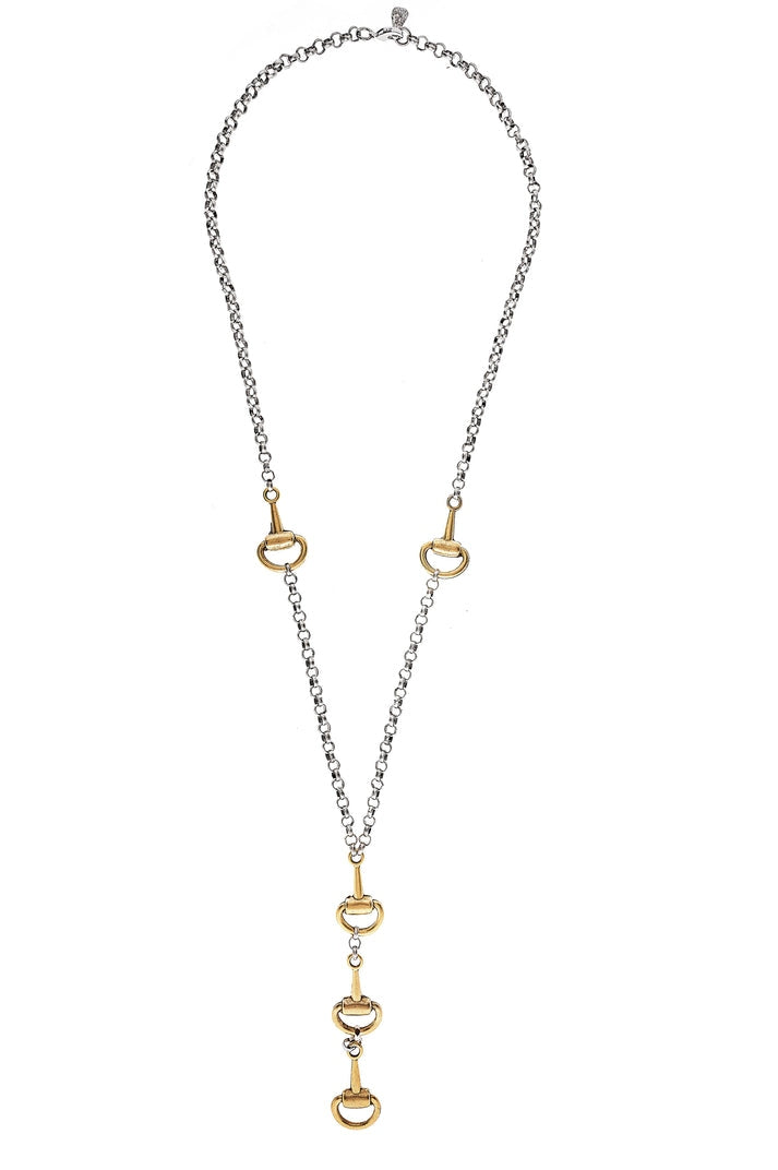 32-inch two-tone chain necklace featuring five gold-plated horsebit charms.