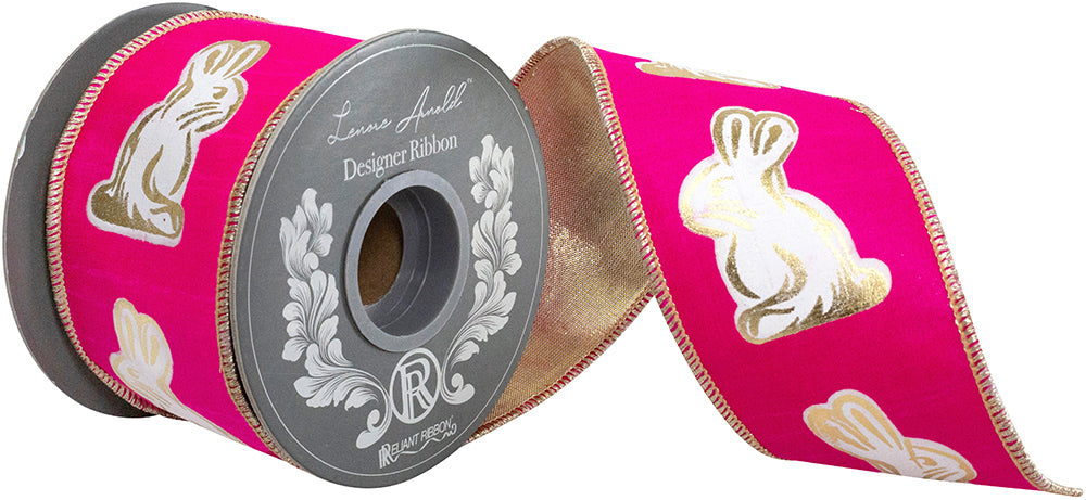 Hot pink wired edge ribbon with white and gold gilded bunny patterns on a 10-yard spool.