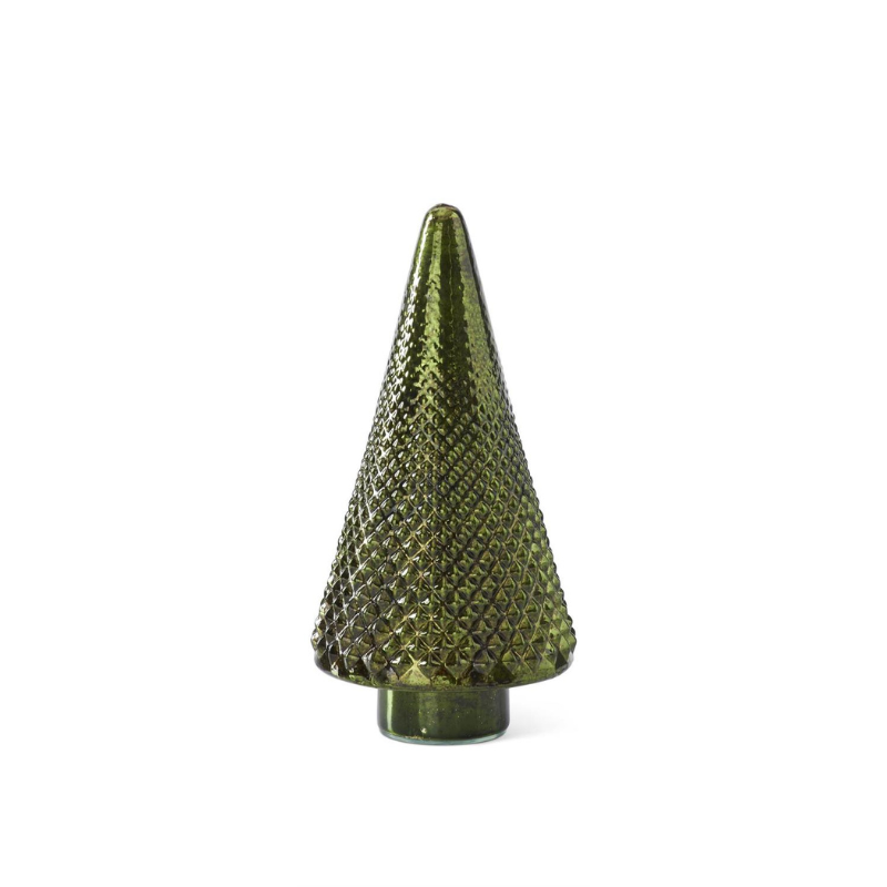 Green mercury glass Christmas tree with a textured hobnail pattern and a reflective finish.
