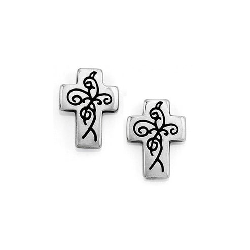 Silver plated True Cross Mini Post Earrings with black scrollwork design.