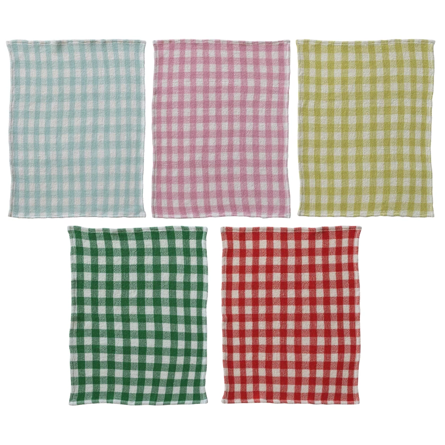 Cotton waffle weave tea towel featuring a gingham check pattern in white.