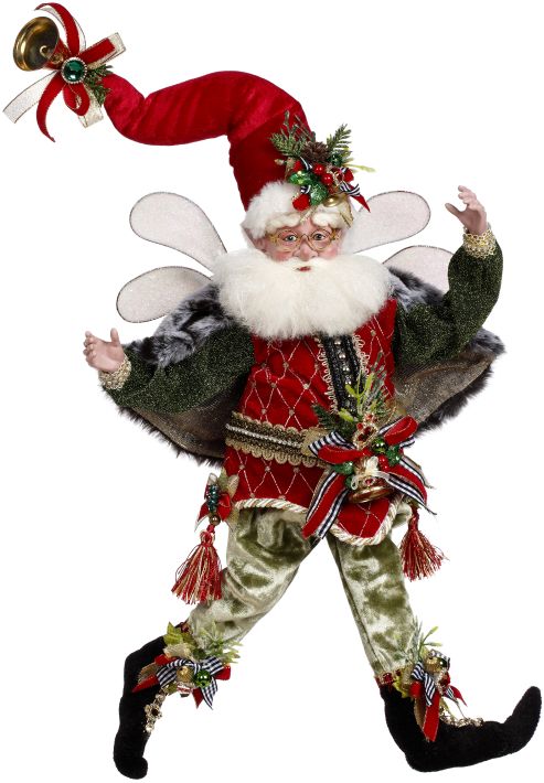 Christmas Spirit Fairy with red hat, green jacket, red vest, and green pants, adorned with bells and ribbons.