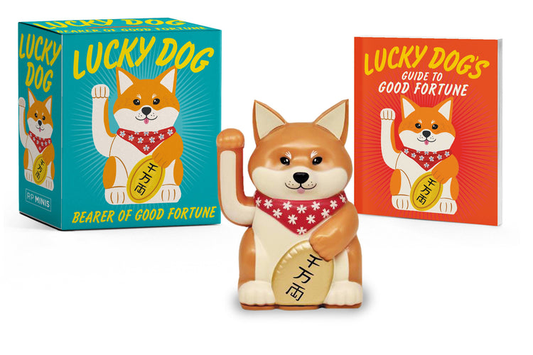 One-of-a-kind Lucky Dog figurine with motorized arm in cream ceramic finish.