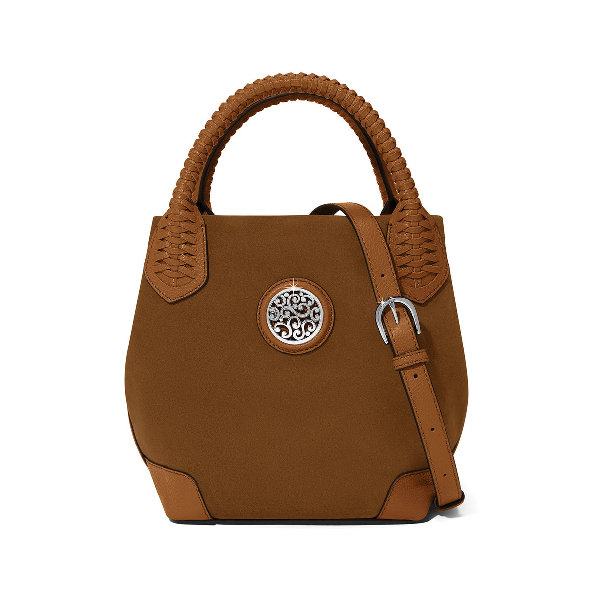 Leather Reina medium tote with braided handles, silver medallion accent, and adjustable magnetic closure.
