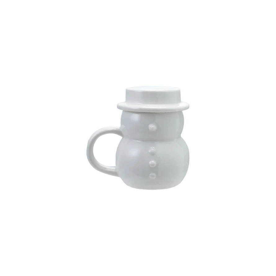 White stoneware snowman mug featuring a hat-shaped lid and embossed button details.