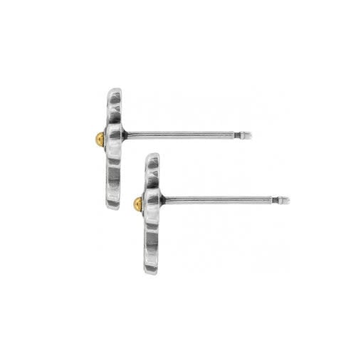Silver and gold plated mini post earrings featuring an iconic cross silhouette.
