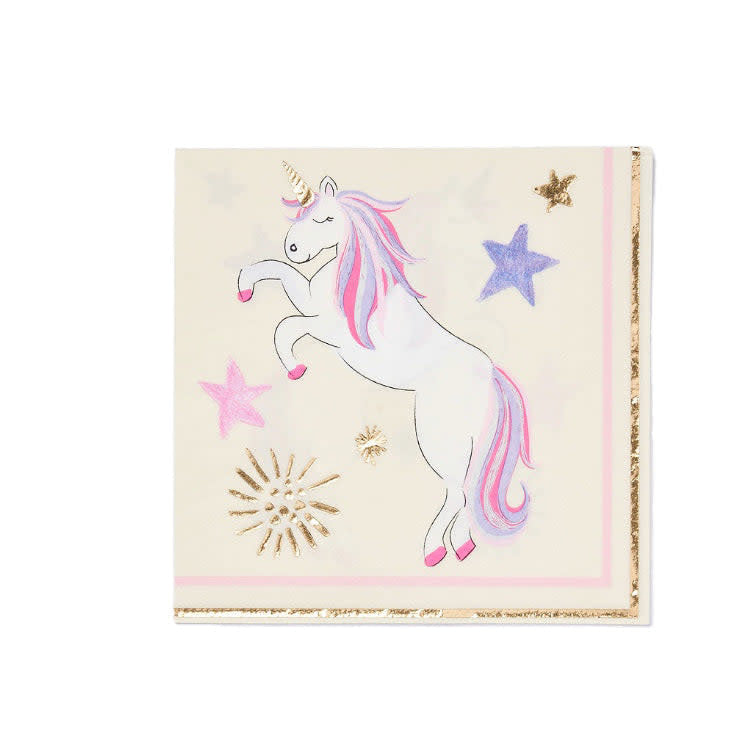 Yellow two-ply paper lunch napkin featuring a unicorn print.