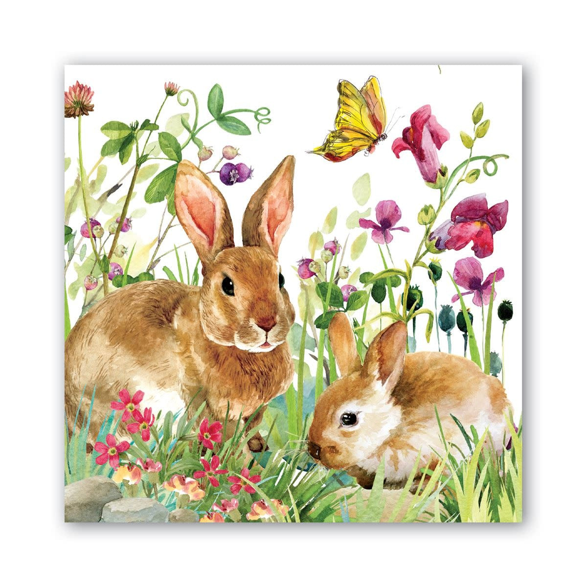 Packaged triple-ply luncheon napkins featuring a bunny meadow pattern with soft pastel colors.