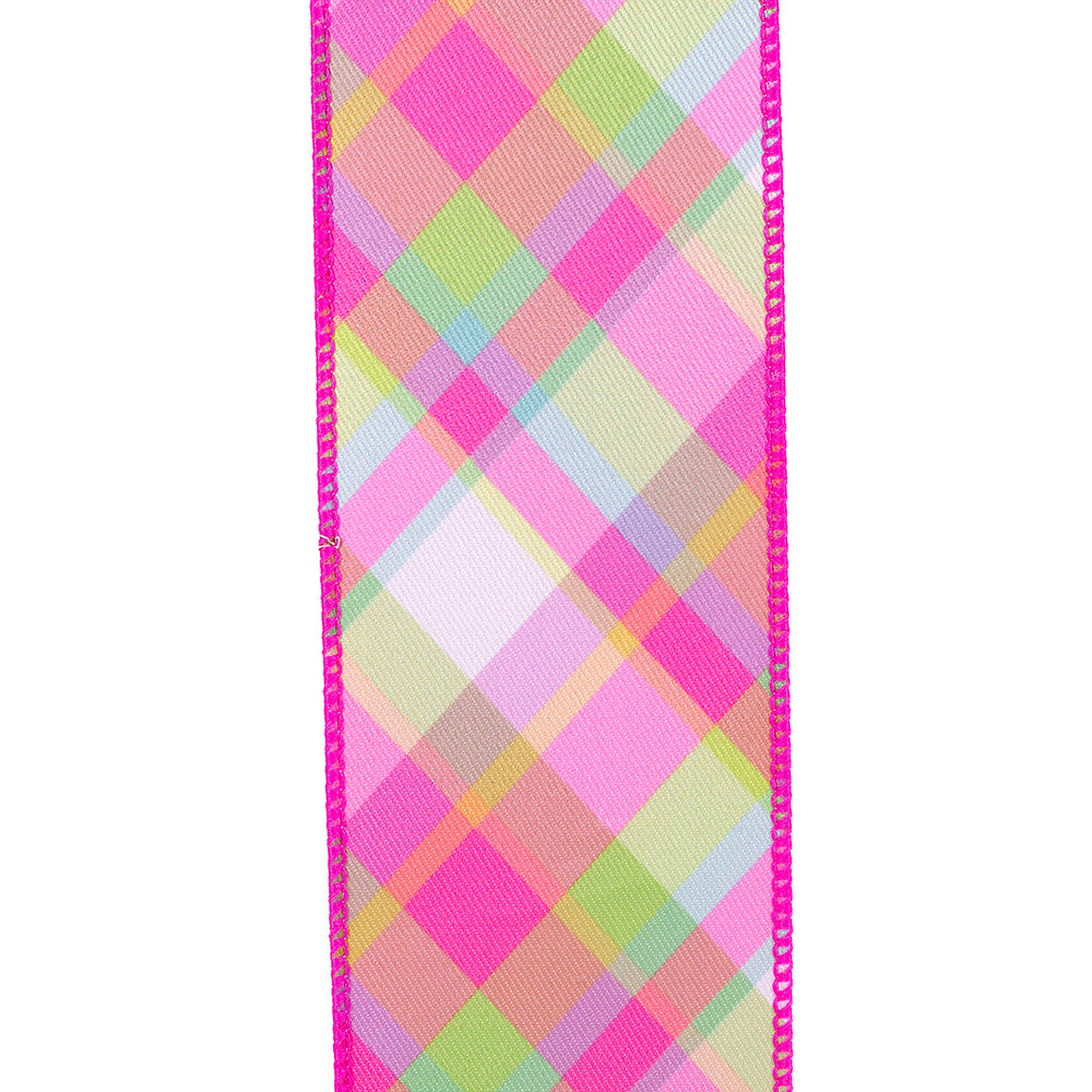 Bright plaid diagonal wired edge ribbon with polyester fiber content.