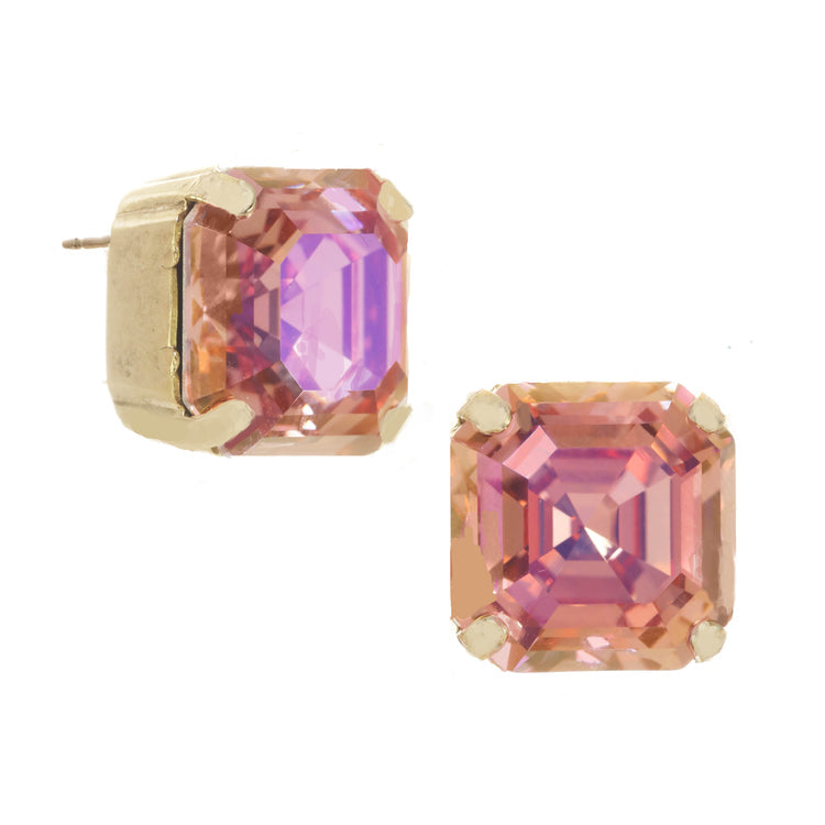 Antique gold-plated brass Nikki earrings with surgical steel posts and .5-inch clear crystals.
