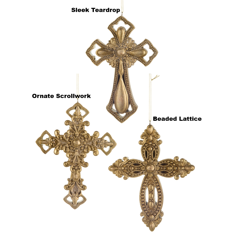 Three gold cross ornaments in Sleek Teardrop, Ornate Scrollwork, and Beaded Lattice styles.