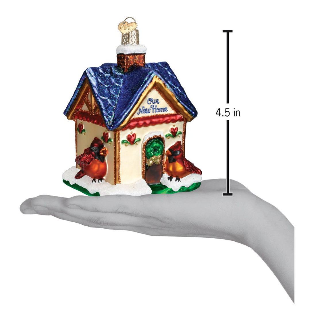 Our New Home glass ornament, a cottage with a blue roof and red cardinals, 4.5 inches tall.