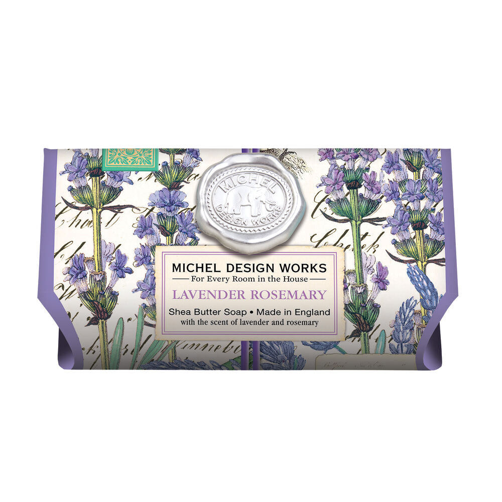 Michel Design Works Lavender Rosemary shea butter soap bar in floral patterned paper packaging.