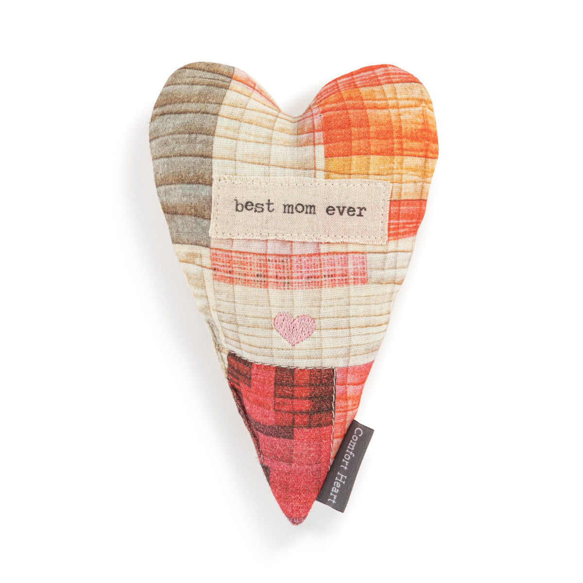 Comfort Heart plush toy with a heart-shaped body made of cotton fabric filled with polyester fiberfill and beads.