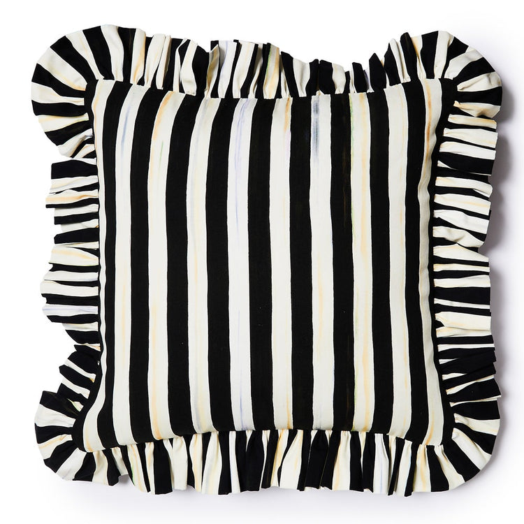 Square throw pillow with vertical black and white stripes and a matching ruffled border.