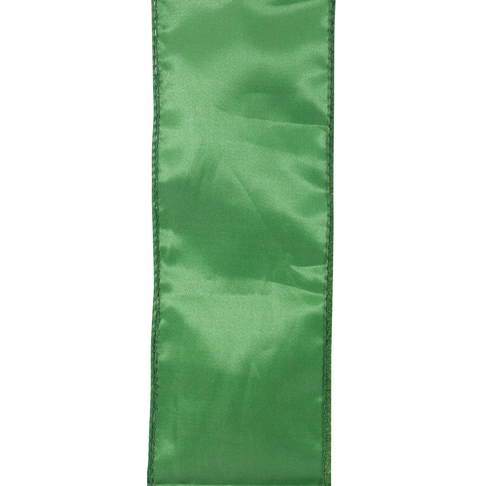 Holiday green plush velvet ribbon with a smooth texture.