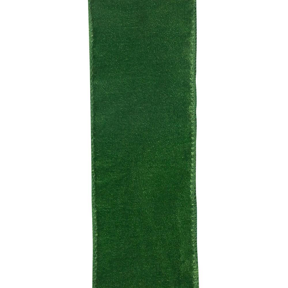 Holiday green plush velvet ribbon with a smooth texture.