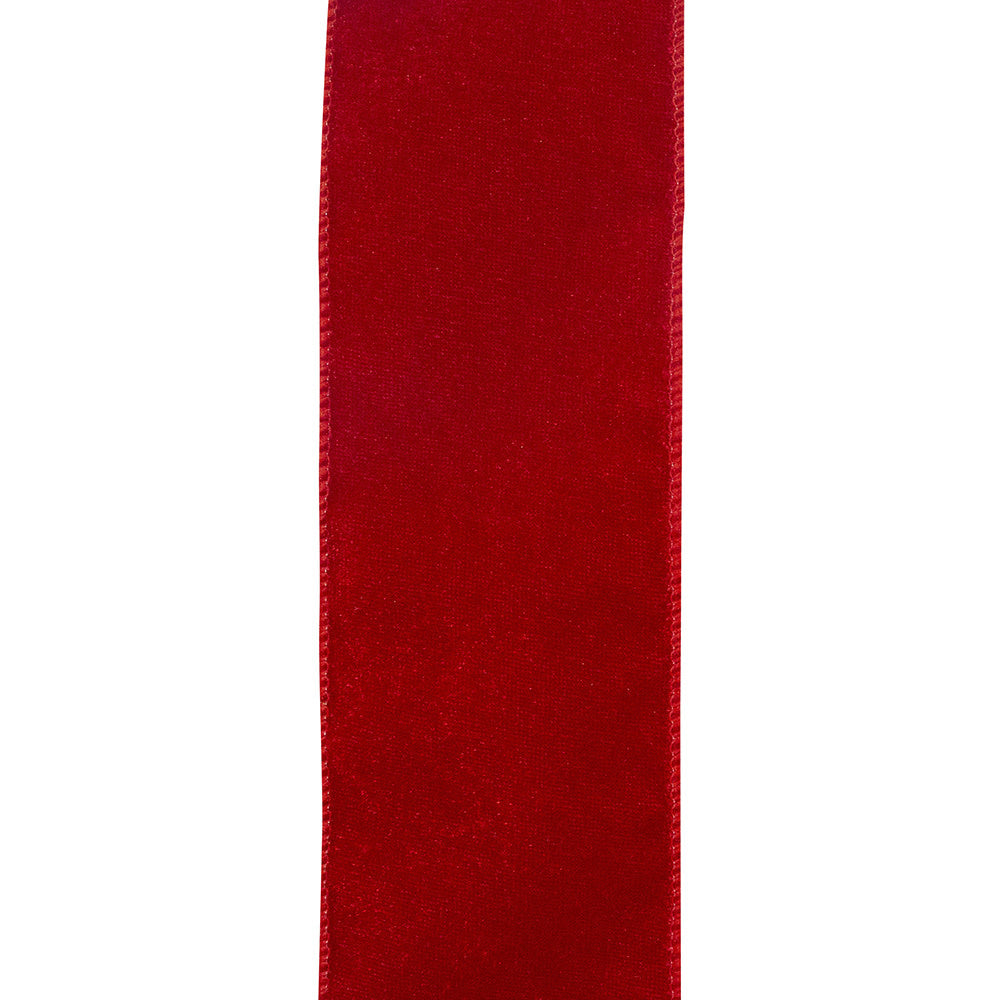 Red plush velvet ribbon with a smooth texture