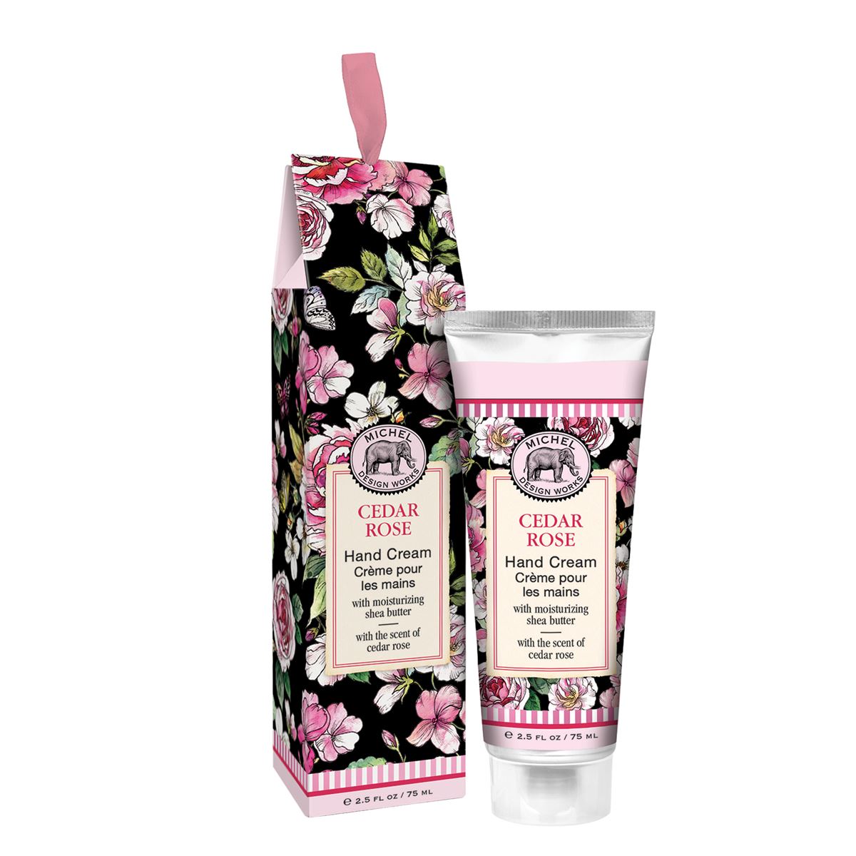 Michel Design Works Cedar Rose hand cream in a floral patterned tube and matching gift box.