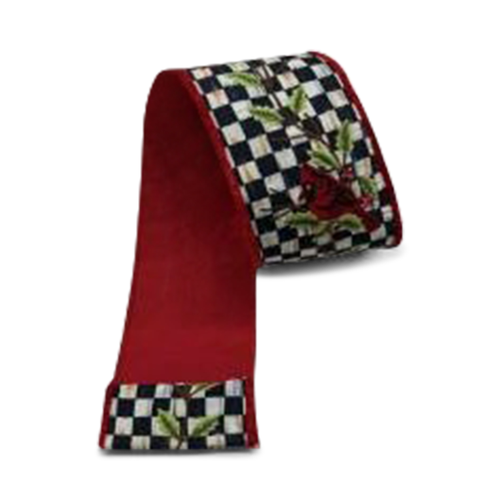 Courtly Check Cardinal 4 inch ribbon with black and white checks, red velvet, and cardinal motifs.