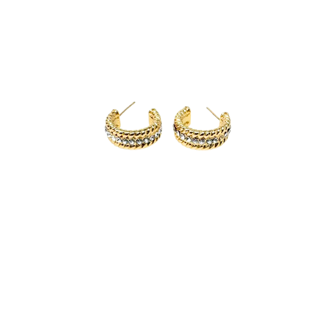 Vintage Glam Hoops: Chunky gold-textured hoop earrings with a center row of cubic zirconia crystals.