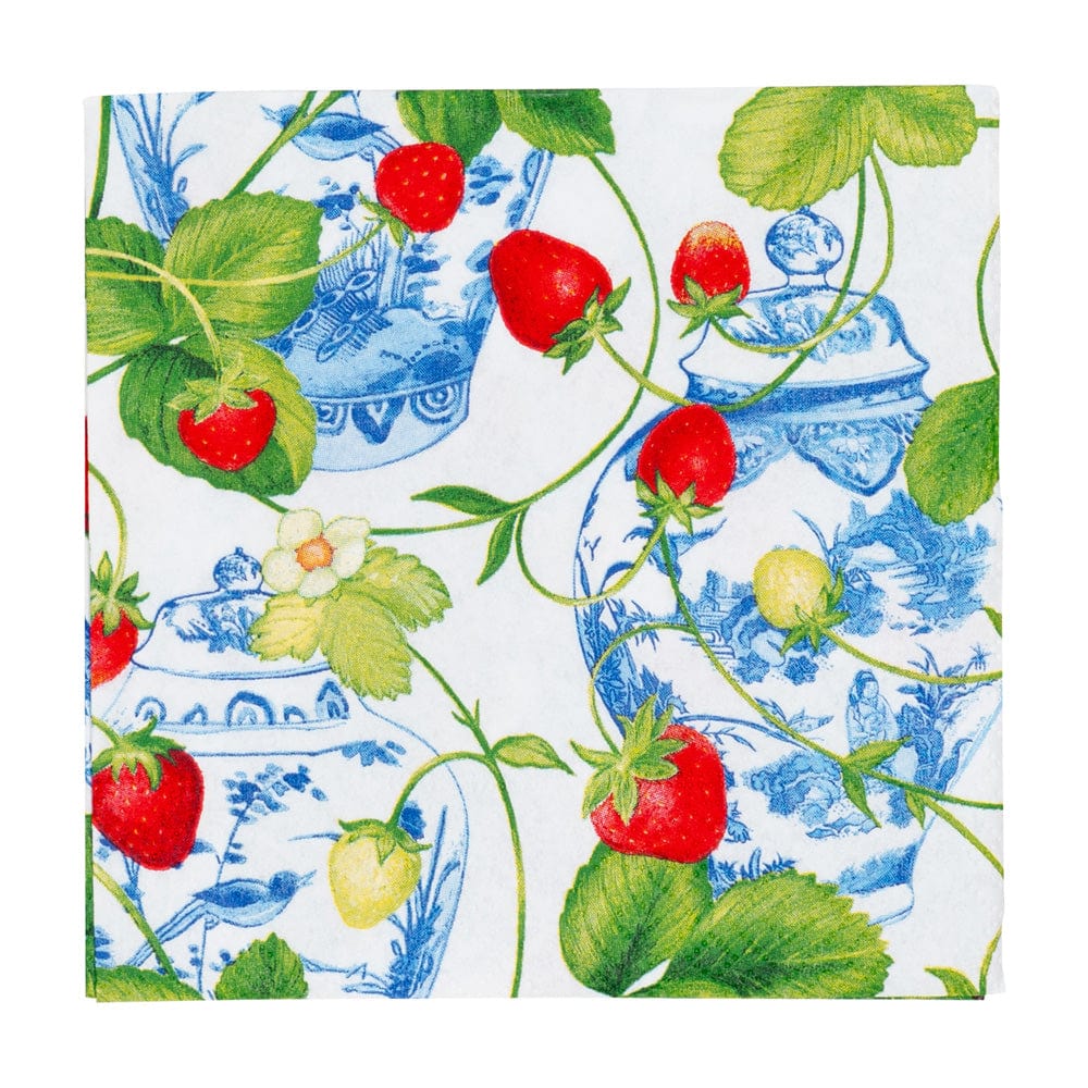 Packaged cocktail napkins with printed designs on triple-ply paper.