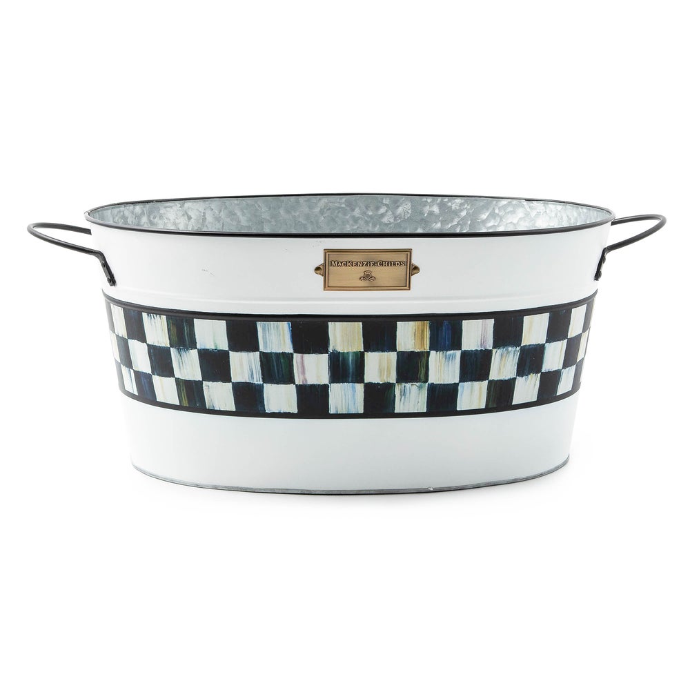 White galvanized metal beverage bucket with a black and white checkered band and side handles.