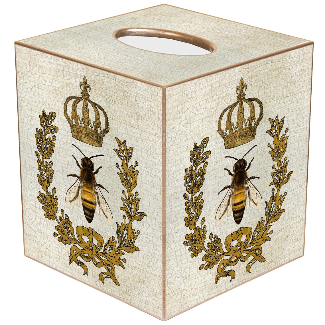 Handcrafted paper mache tissue box cover with gold-painted edges.
