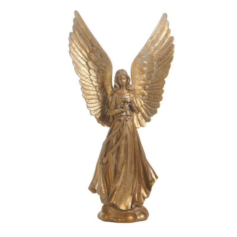 17-inch gold angel figurine with large wings, holding a bird, standing on a cloud base.