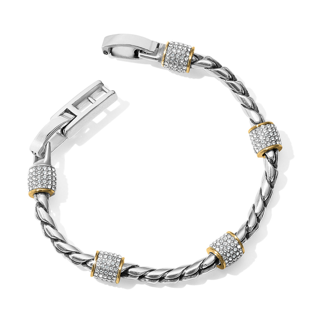Meridian Two Tone silver and gold braided bracelet with five crystal-encrusted stations.