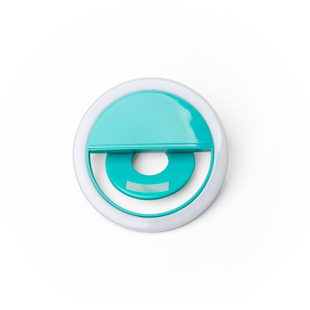 Teal and white Modern Monkey clip-on ring selfie light for smartphones and laptops.