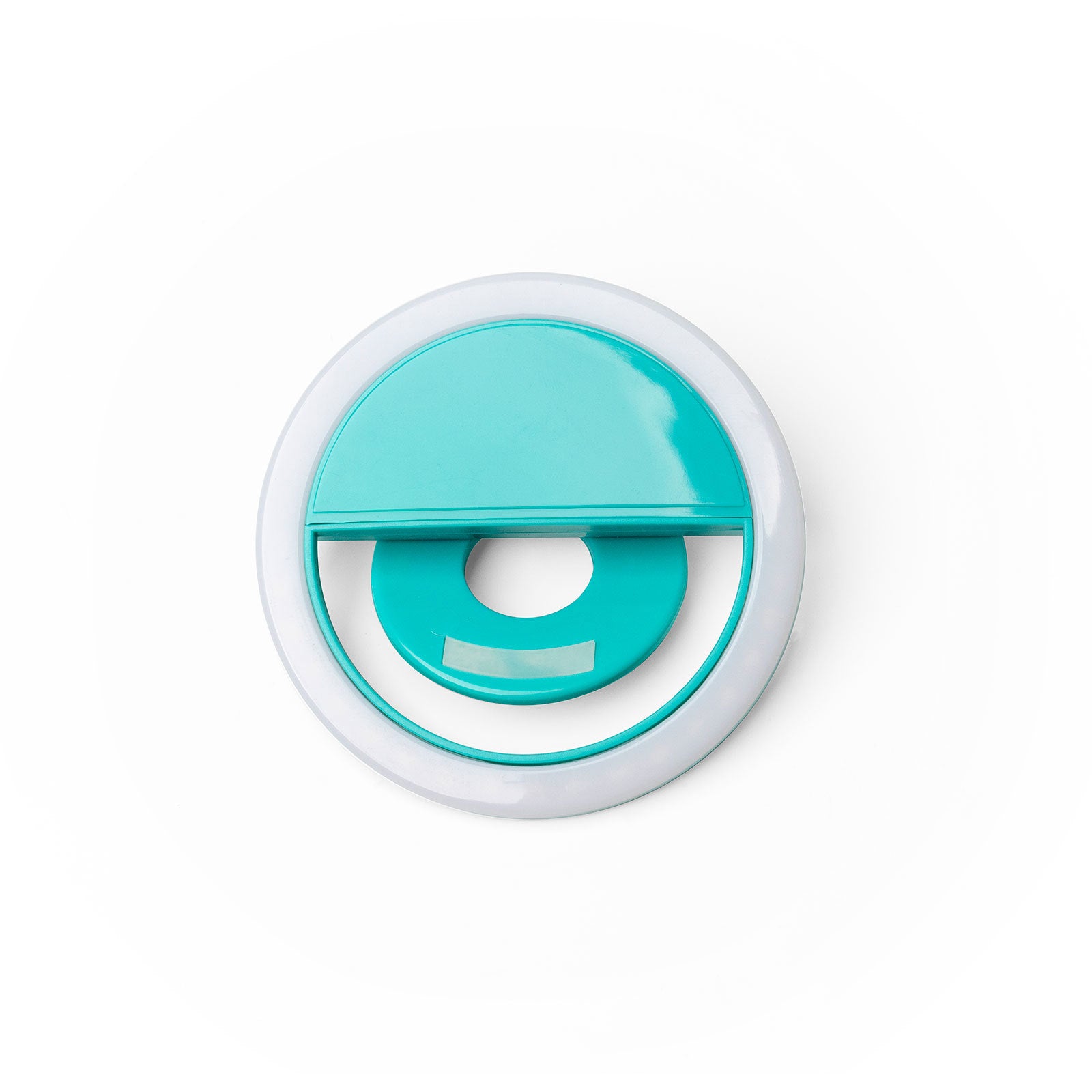Teal and white Modern Monkey clip-on ring selfie light for smartphones and laptops.