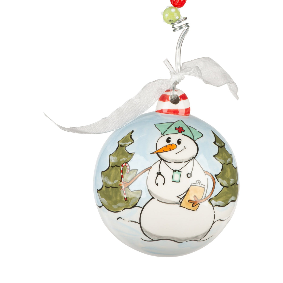 Hand-painted ceramic snowman ornament with a white body, red hat, black eyes and mouth.
