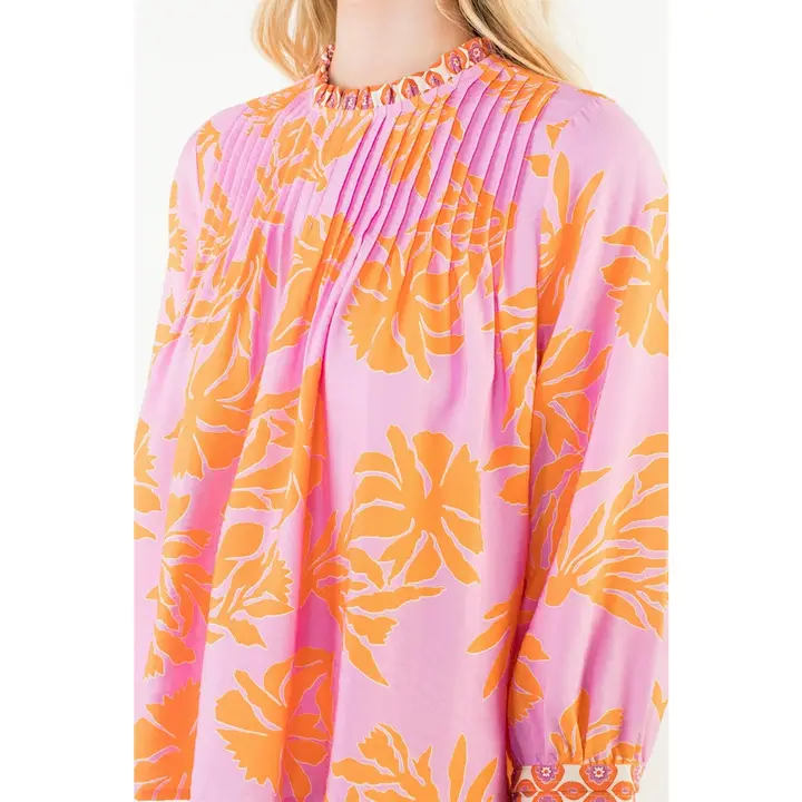 Long Sleeve Floral Pattern Top Pink