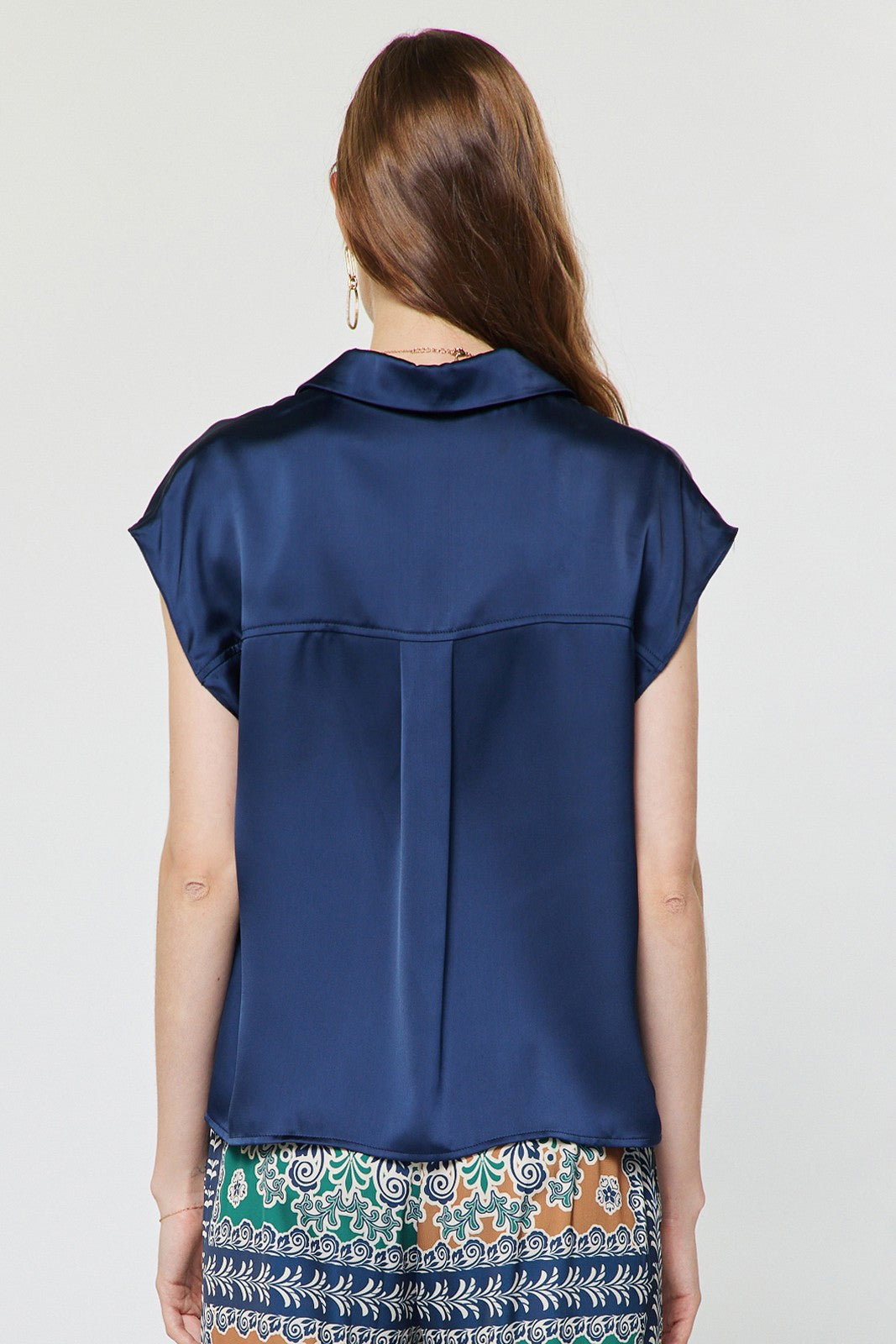 Women's Eliza cap sleeve button-down blouse in white polyester satin with a classic collar and relaxed fit.