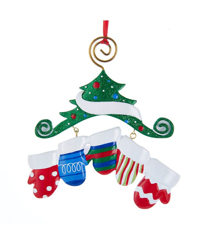 Resin ornament shaped as five gold mittens hanging from a glittered green tree with red ribbon.