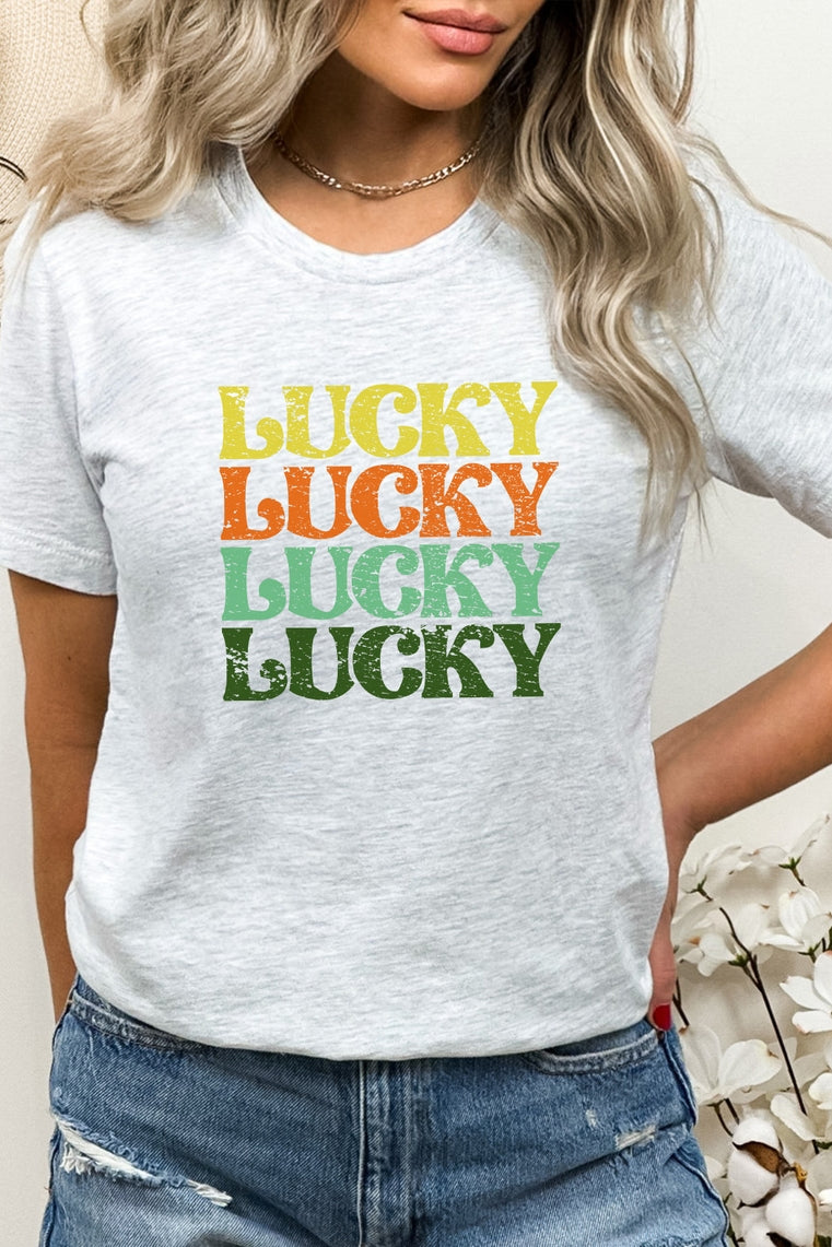 Vintage distressed green t-shirt with repeated yellow Lucky text in retro fonts