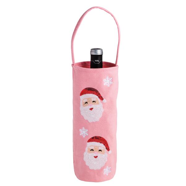 Pink canvas wine bag with sequin Santa Claus icons and white snowflakes.